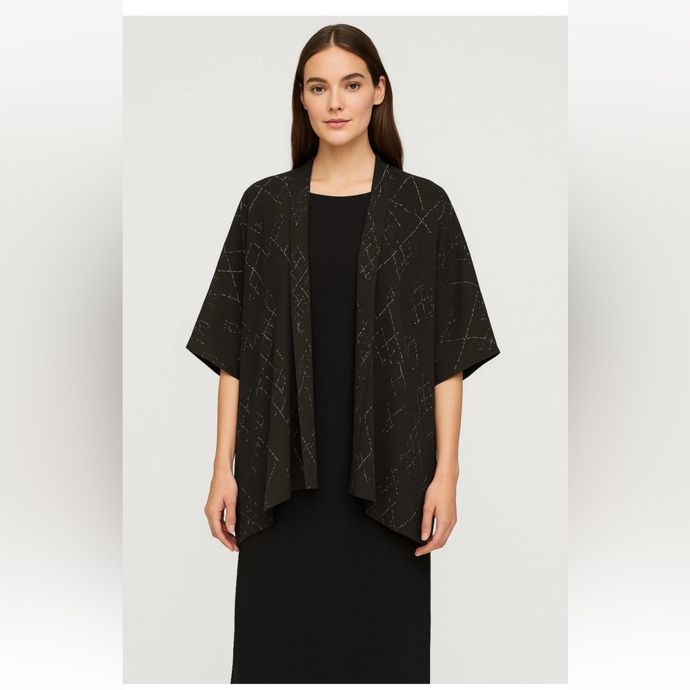 Eileen Fisher Silk Tencel Black Kimono Jacket S/M Geometric Print Open Cardigan